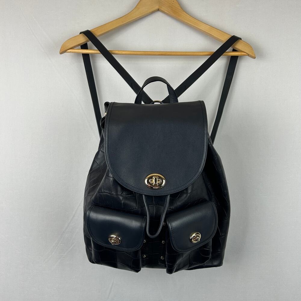 Coach Turnlock Rucksack Backpack Midnight Navy Blue Gator Print Bag Purse